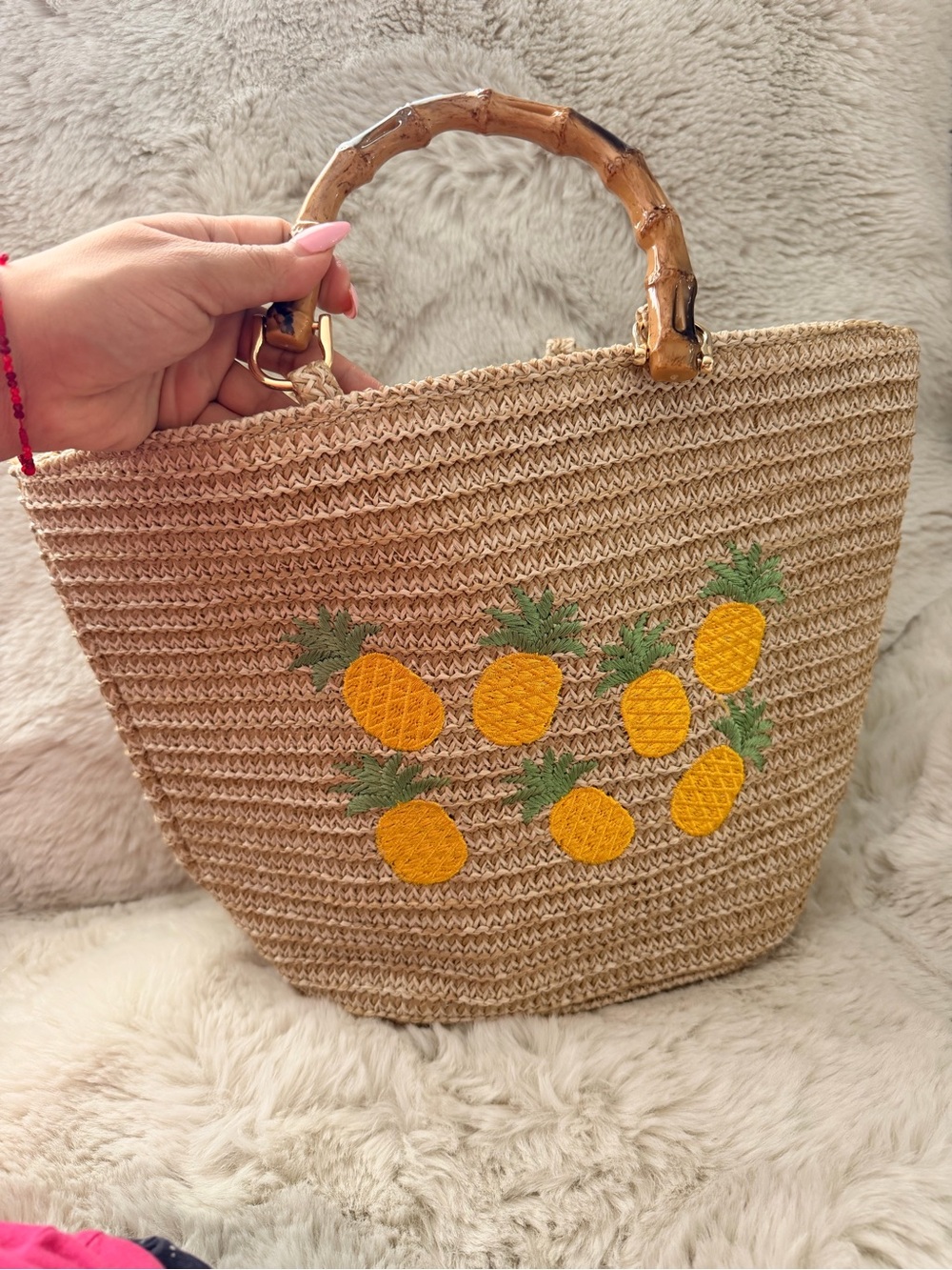 Straw Pineapple Embroidered Satchel with Bamboo Handles - Yellow